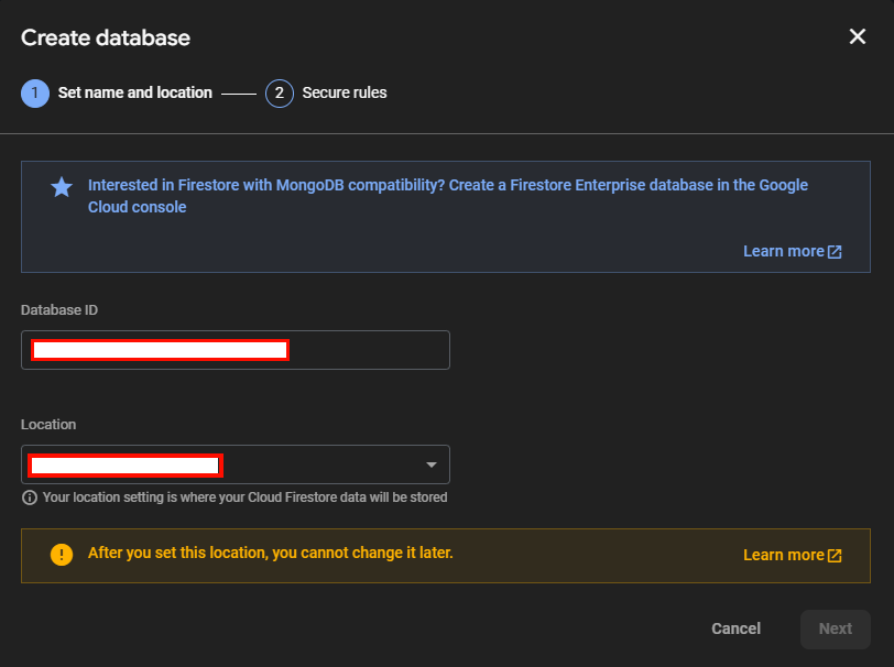 Firestore Setup Screenshot